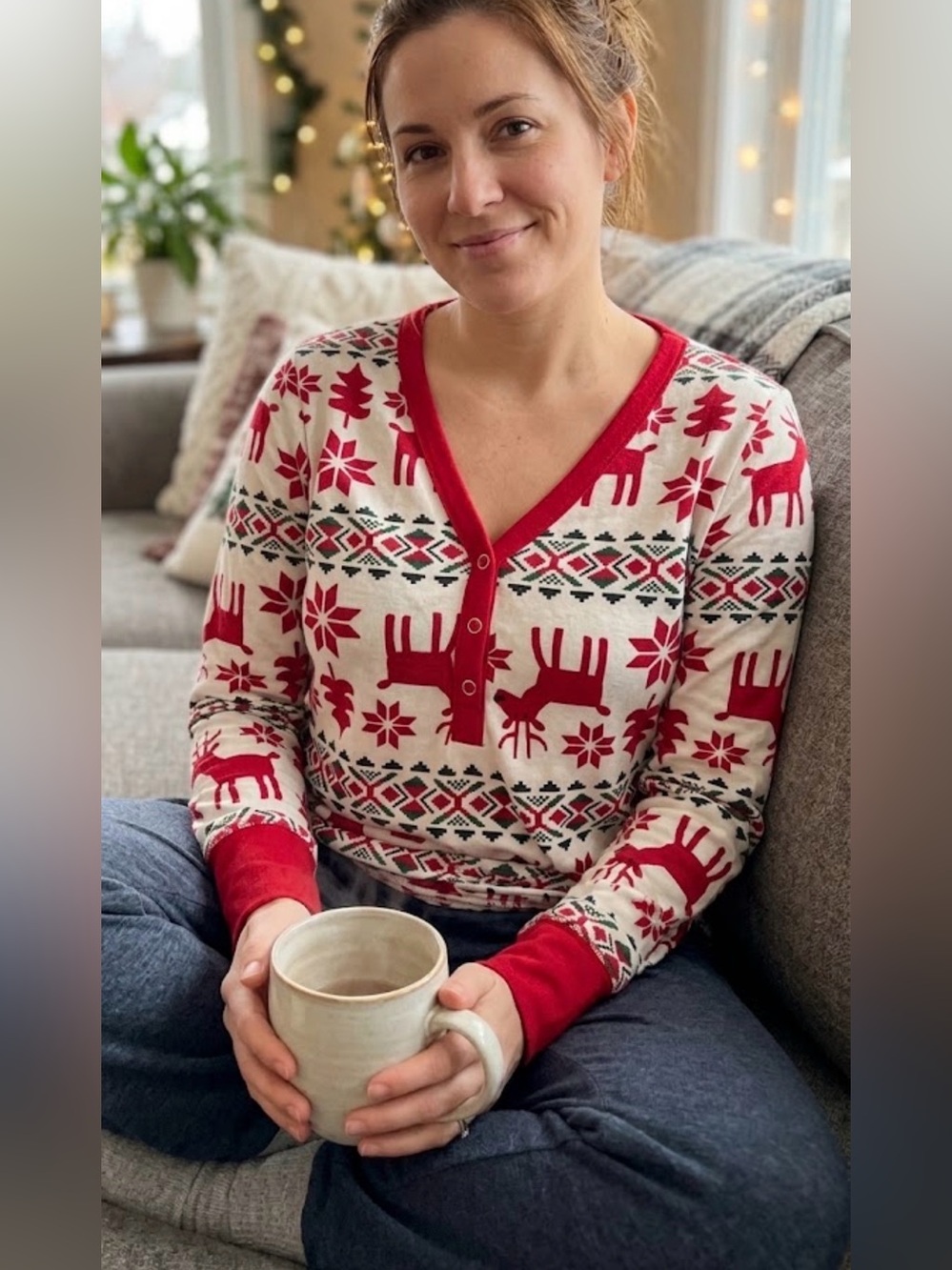 Cozy Red & Cream Holiday Reindeer Sweater - Women Organic Cotton Christmas
